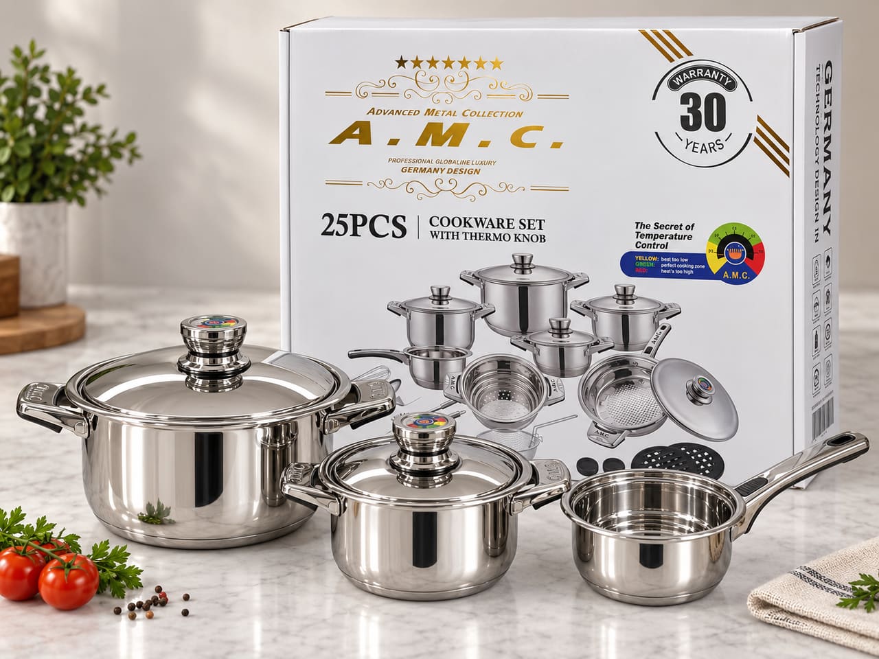 La confezione originale del set accanto a tre pentole: sulla scatola si leggono «25PCS COOKWARE SET WITH THERMO KNOB» e la legenda dei colori del termometro